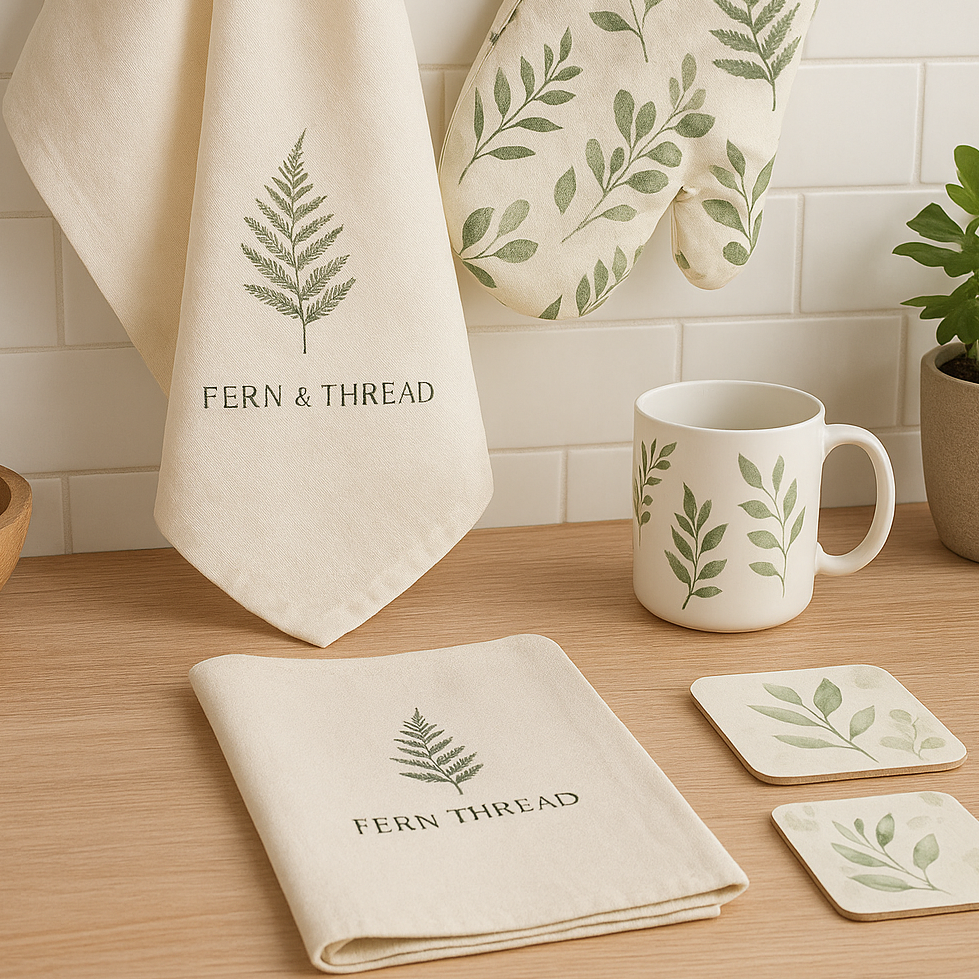 Kitchen set with towels, mug, and coasters featuring fern designs on a tiled wall background.